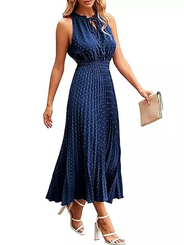 ONAYEYO Freizeit ONAYEYO Damen Sommer Plissee Lang Kleid V Ausschnitt ärmellos Schweizer Punkt Sommerkleid Elegant Hohe Taille Abendkleid Midikleid Casual Einfarbig Strandkleid