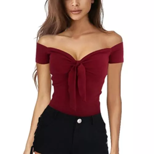 EMOTTOS Kurzarmblusen EMOTTOS Damen Y2K Top T-Shirt, Skims Crop Tops Schulterfrei V Ausschnitt Kurzarm, Basic Enges Oberteil Short Sleeve Damen, Tiefer Ausschnitt Tshirts Cropped Shirt Slim Fit Frauen Sommer, Rot/Schwarz