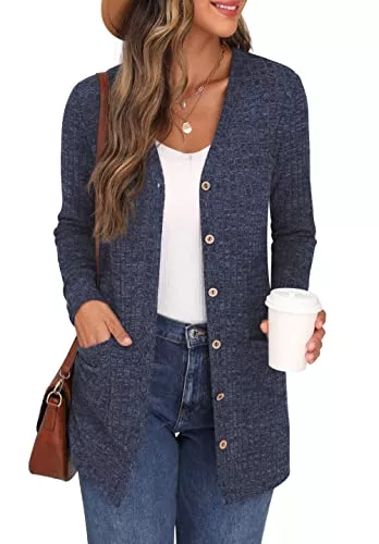 GRECERELLE Strickjacken GRECERELLE Damen Leichte Strickjacke Lang mit Taschen und Knöpfen Long Elegant Cardigan V-Ausschnitt Knopfleiste mit Taschen für Damen