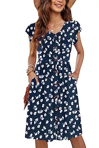 MOLERANI Freizeit MOLERANI Damen Sommerkleider Rüschen Ärmel V-Ausschnitt Casual Swing Elastische Taille Midi Kleid mit Taschen S-2XL