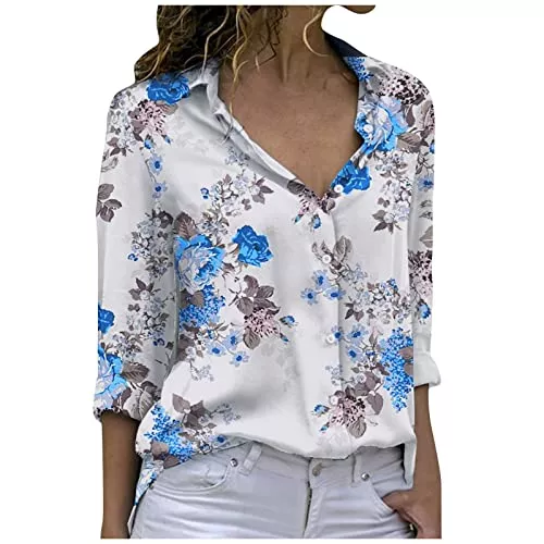 QHDDP Hemdblusen QHDDP Kariertes Hemd Damen Damenmode Lässige Bedruckte Knopfleiste Langarmshirt Top Bluse Abschluss Pulli Kariertes Hemd Damen Gestreiftes Shirt