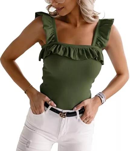 Imily Bela Tops Imily Bela Damen Tops Ärmellos Cami Top Sexy Eckigem Ausschnitt Gerippt Shirt Sommer Oberteil mit Rüschen