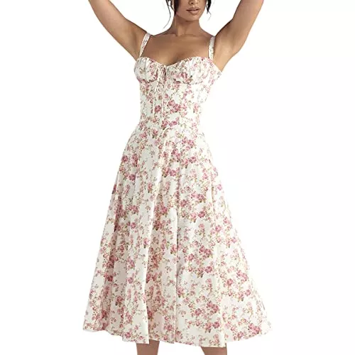 Odizli Freizeit Odizli Damen Sommer Sexy Ärmellos Spaghettiträger Boho Blumen Lang Kleid mit Schlitz