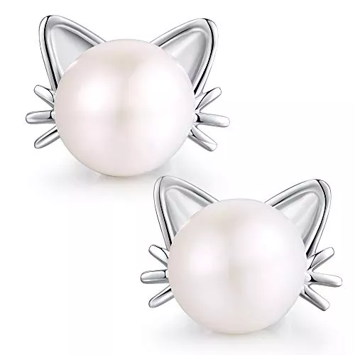 jiamiaoi Schmuck jiamiaoi Katzen Ohrringe Silber 925 Katze Ohrstecker Kinder Ohrringe Süße Katzen Perlenohrringe 925er Silber mit Süßwasser Perlen 7.5MM Schöne Katzen Katzenschmuck für Damen Mädchen