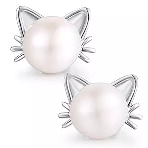 jiamiaoi Schmuck jiamiaoi Katzen Ohrringe Silber 925 Katze Ohrstecker Kinder Ohrringe Süße Katzen Perlenohrringe 925er Silber mit Süßwasser Perlen 7.5MM Schöne Katzen Katzenschmuck für Damen Mädchen