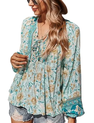 CNTSFS Langarmblusen CNTSFS Bluse Damen Elegant Lässige Boho V-Ausschnitt Blumenmuster Lose Tunika Damen Langarm Sommer