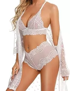 RSLOVE Unterwäsche & Dessous RSLOVE Sexy Dessous-Set für Damen, 3-teilig, Spitzen-Kimono-Robe mit BH und Höschen, transparente Nachtwäsche