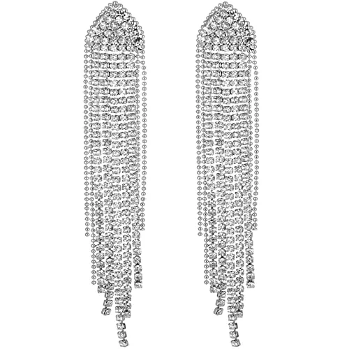 Kiszu Schmuck KISZU Langer funkelnder Strass-Ohrring für Frauen Mädchen Silberkette Zirkonia Kristall Quasten Statment baumeln Ohrringe Hochzeit Brautjungfer Schmuck Damen Geschenke, Zirkonia, Kein Edelstein