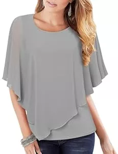 Vafoly Kurzarmblusen Vafoly Damen Chiffon Lose Fledermaus Bluse mit Kurzen Flatter ärmel Leichte Fließende Bluse Rundhalsausschnitt Doppellagige Poncho Tuniken