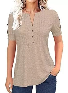 Tankaneo T-Shirts Tankaneo Damen Bluse V-Ausschnitt plissiert Knopf Kurzarm T-Shirt Sommer feste Farbe lässig Tunika Oberteil Top