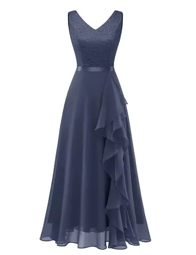 Berylove Cocktail Berylove Abendkleid Damen Lang V-Ausschnitt Chiffon Elegant Vokuhila Kleid Tüll Kleid Hochzeitskleid Ballkleider