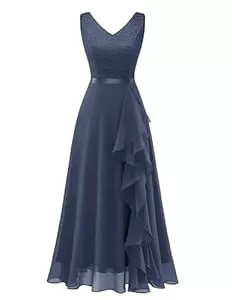 Berylove Cocktail Berylove Abendkleid Damen Lang V-Ausschnitt Chiffon Elegant Vokuhila Kleid Tüll Kleid Hochzeitskleid Ballkleider