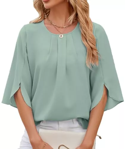 OLIPHEE Kurzarmblusen OLIPHEE Damen Bluse Elegant Hemd mit 1/2 Arm Knopf T-shirts Tunika Einfarbig Rundhalsausschnitt Fledermausärmel Tops