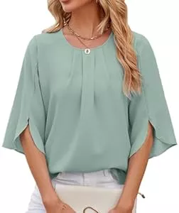 OLIPHEE Kurzarmblusen OLIPHEE Damen Bluse Elegant Hemd mit 1/2 Arm Knopf T-shirts Tunika Einfarbig Rundhalsausschnitt Fledermausärmel Tops