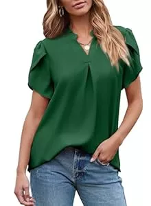 BLENCOT Kurzarmblusen BLENCOT Damen Bluse Elegant T-shirt Casual Tunika Oberteile Chiffon Flowy Locker Longbluse Tops Sommer V-Ausschnitt Niedlich Blütenblatt Kurzarm T-Shirt S-2XL