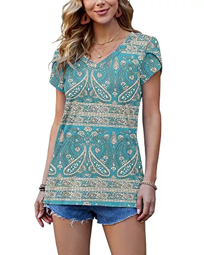 PLOKNRD Kurzarmblusen PLOKNRD Damen Tops V-Ausschnitt Blütenblatt Ärmel T-Shirt Sommer Freizeit Kurzen Ärmeln Strand Oberteile