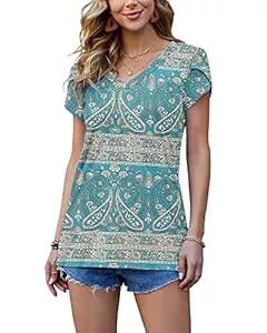 PLOKNRD Kurzarmblusen PLOKNRD Damen Tops V-Ausschnitt Blütenblatt Ärmel T-Shirt Sommer Freizeit Kurzen Ärmeln Strand Oberteile