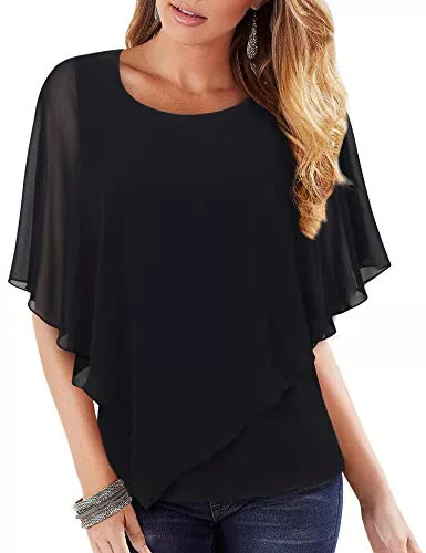 Vafoly Kurzarmblusen Vafoly Damen Chiffon Lose Fledermaus Bluse mit Kurzen Flatter ärmel Leichte Fließende Bluse Rundhalsausschnitt Doppellagige Poncho Tuniken