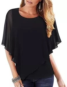 Vafoly Kurzarmblusen Vafoly Damen Chiffon Lose Fledermaus Bluse mit Kurzen Flatter ärmel Leichte Fließende Bluse Rundhalsausschnitt Doppellagige Poncho Tuniken