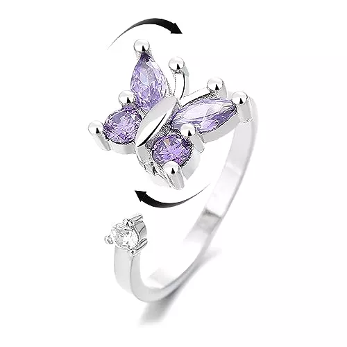 IMINI Schmuck Amethyst Schmetterling Fidget Angst Ringe für Frauen Mädchen Lila CZ frei drehen Inspirationen Spinner Stressabbau Offen Stapelbarer Fingerring Ewigkeit Versprechen Statement Mode Beruhigender Schmuck