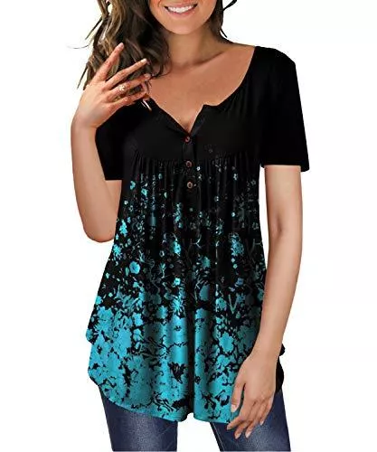 TUDOU Ärmellose Blusen TUDOU Damen T-Shirt Langarm V-Ausschnitt Floral Knopfleiste Plissee Henley Bluse Casual Locker Blumen Tunika Tops