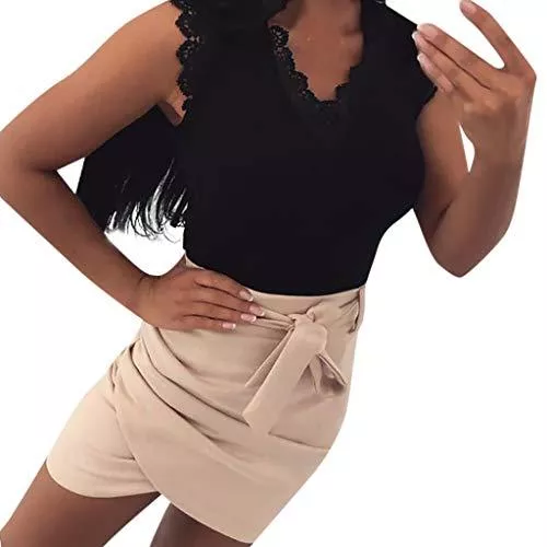 Andouy Tops Andouy Damen Tank Top V-Ausschnitt Ärmellos Spitze Weste Camisole Gr.36-42 Sexy Party Club Bluse