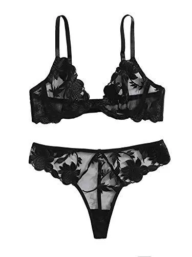 DIDK Unterwäsche & Dessous DIDK Damen Dessous Set mit Stickereien Push Up BH Set Bügel BH Set Mesh BH Tangas Lingerie Sets Unterwäsche mit Hakenverschluss und Verstellbare Träger