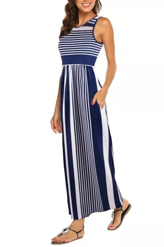 BDTECAOR Freizeit BDTECAOR Maxikleid Damen Sommer Boho Ärmellos Strandkleider Lässige Lange Tank Kleid mit Taschen