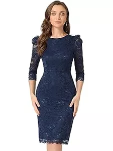 Allegra K Cocktail Allegra K Damen Cocktailkleid Elegant Spitze Blumenmuster Rundhals 3/4 Ärmel Figurbetont Hochzeit Kleid