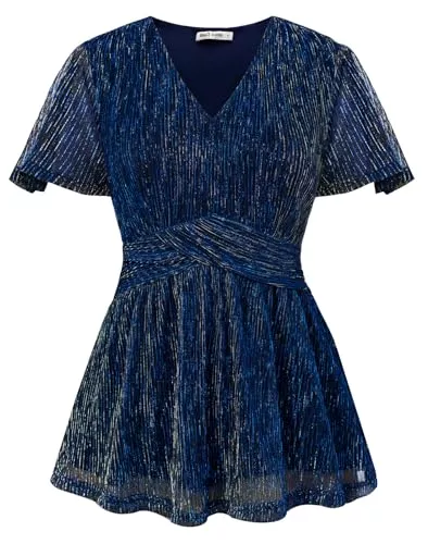 GRACE KARIN Kurzarmblusen GRACE KARIN Damen Glitzer Bluse Hohe Taille A-Linie Tunika Rüschenärmel Elegant Oberteile Festliche Party Tops