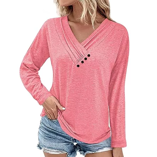 MixShe Langarmshirts Damen-Tops, Sommerkleidung, kurzärmelig, V-Ausschnitt, lässige Blusen, lockere Passform, T-Shirts, trendige modische Tuniken