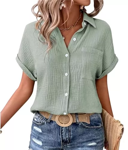 MAGIMODAC Hemdblusen MAGIMODAC Damen Hemdbluse Kurzarm Baumwolle Shirt Hemd Bluse Sommer Freizeit Tshirt Casual Lässige Oberteile mit Knöpfen