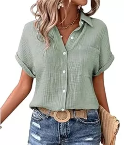 MAGIMODAC Hemdblusen MAGIMODAC Damen Hemdbluse Kurzarm Baumwolle Shirt Hemd Bluse Sommer Freizeit Tshirt Casual Lässige Oberteile mit Knöpfen