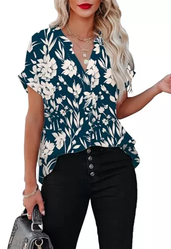 Sweezarmo Kurzarmblusen Sweezarmo Damen Sommer Bluse Damen Elegante Oberteile Damen Lässiges Langarmhemd Damen Bedruckte Blusen Damen V-Ausschnitt Blusen