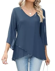 iWoo Langarmblusen iWoo Damen Bluse V-Ausschnitt Chiffon Tunika Sommer Langshirt Flatter Ärmel Elegant Fließende Leichte Doppellagige Oberteile Longshirt