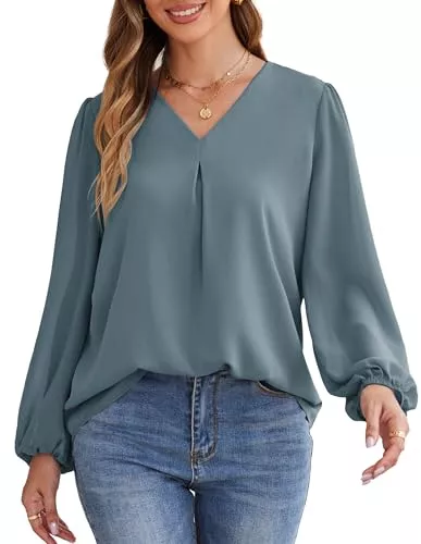 GRACE KARIN Langarmblusen GRACE KARIN Damen Langarm Bluse Lässig V-Ausschnitt Hemd Pullover Chiffon Laternenärmel Oberteil