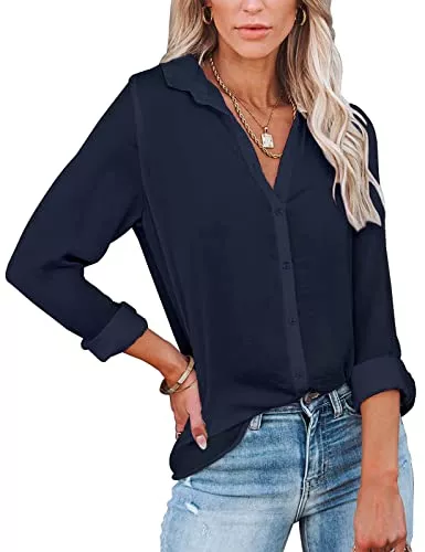 UMIPUBO Hemdblusen UMIPUBO Bluse Damen Elegant V-Ausschnitt Langarm Casual Shirt Geknöpftes Oberteil Fashion Arbeit Hemden Tops für Frauen
