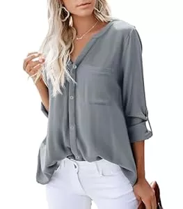 Dordanity Langarmblusen Dordanity Damen Bluse Elegant V-Ausschnitt Hemd Langarm Casual Arbeit Einfarbig Button Down Lose Langarmshirt Oberteile Tops