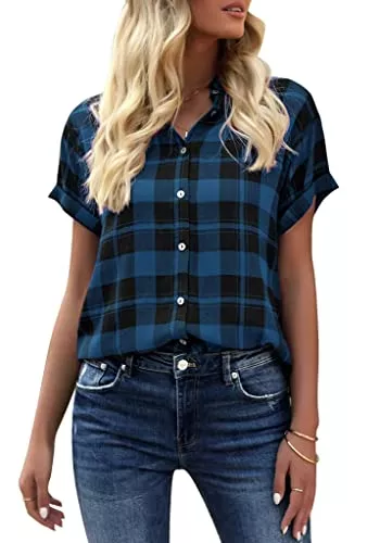 GeGekoko Hemdblusen GeGekoko Damen Kariert Bluse Kurzarm Oberteile Casual Lose V-Ausschnitt Hemdbluse zum Knöpfen Summer Tunika T-Shirt Tops