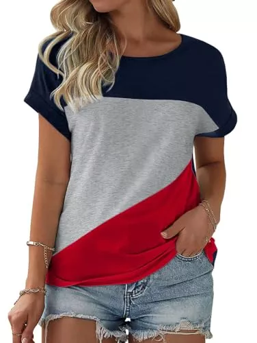 Fisoew T-Shirts Fisoew Damen T-Shirt Rundhals Farbblock Kurzarm Shirt Casual Oberteil Sommer locker Tops