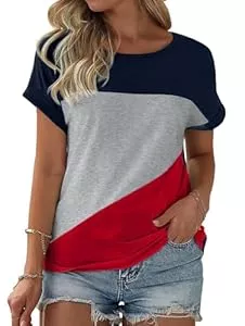 Fisoew T-Shirts Fisoew Damen T-Shirt Rundhals Farbblock Kurzarm Shirt Casual Oberteil Sommer locker Tops