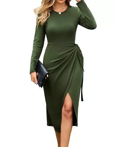 GRACE KARIN Cocktail GRACE KARIN Damen Elegant Bodycon Kleid Rundhalsausschnitt Wärme Cocktail lange Ärmel Wickelkleid Business Party Herbst Winterkleid Midi