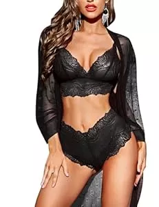 RSLOVE Unterwäsche & Dessous RSLOVE Sexy Dessous-Set für Damen, 3-teilig, Spitzen-Kimono-Robe mit BH und Höschen, transparente Nachtwäsche