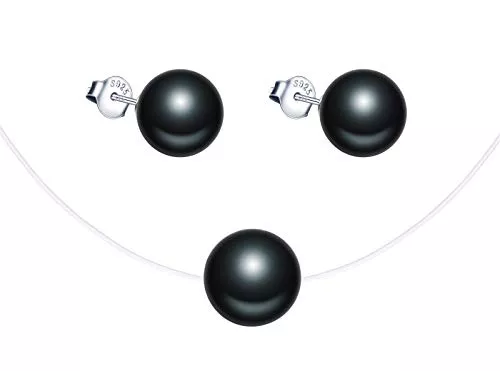Yumilok Schmuck Yumilok Damen Schmuckset Halskette mit Perlen Anhänger & Perlen Ohrstecker Ohrringe aus 925 Sterling Silber weiß rosa schwarz Gold