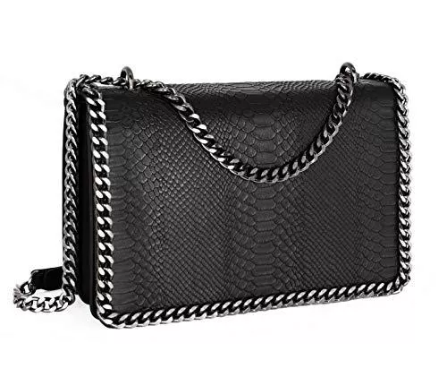 CRAZYCHIC Taschen & Rucksäcke CRAZYCHIC - Damen Kette Umhängetasche - Schlange Leder Gesteppte Klappe Schultertasche - Python Steppmuster Abendtasche Pochette Kettentasche - Frauen Modische Handtasche Trendy Tasche - Schwarz
