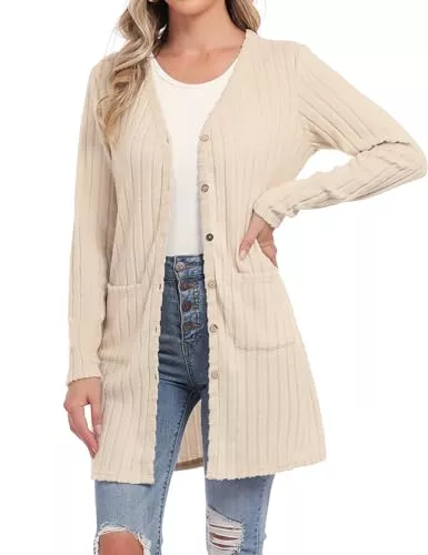Aottori Strickjacken Aottori Strickjacke Damen Leichte Lang mit Taschen und Knöpfen Cardigan V-Ausschnitt Elegant Strickmantel Langarm Dünne Casual