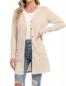 Aottori Strickjacken Aottori Strickjacke Damen Leichte Lang mit Taschen und Knöpfen Cardigan V-Ausschnitt Elegant Strickmantel Langarm Dünne Casual