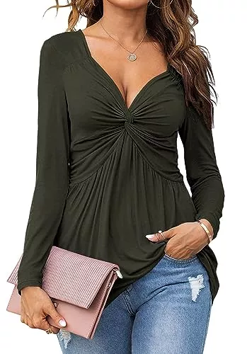 Tankaneo Langarmblusen Tankaneo Damen V Ausschnitt Elegant Blusenshirt Front Knotted T-Shirt Kurzarm Dame Tunika Blusen Tops Oberteile