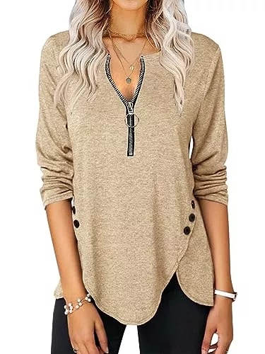 Karlywindow Langarmshirts Karlywindow Damen Langarmshirt V-Ausschnitt Halbem Reißverschluss T-Shirt Seite Knopf Oberteile Freizeit Tunika Hemden