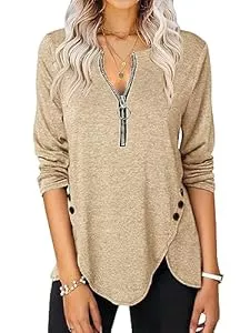 Karlywindow Langarmshirts Karlywindow Damen Langarmshirt V-Ausschnitt Halbem Reißverschluss T-Shirt Seite Knopf Oberteile Freizeit Tunika Hemden